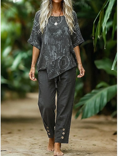  Mujer Conjuntos de dos piezas Conjuntos de pantalones Bolero Manga Corta Cuello Barco Estampado Moda Ropa de calle Casual Diario Exterior Gris Oscuro Verano Holgado