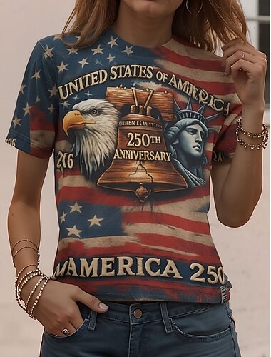  Onafhankelijkheidsdag Patriottische Dames T-shirt Afdruk Grafische Amerikaanse Vlag Vintage Stijlvol Klassiek Korte Mouwen Crew Neck Ronde Hals Reguliere Tops Dagelijks Weekend Blauw Zwart Rood