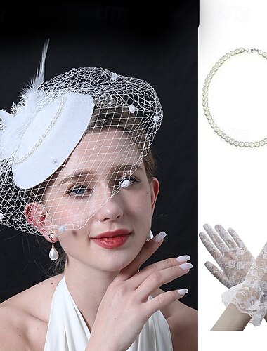  סט דרבי כפפות שרשרת כובע פאשינאטור עם אביזרים אַצִילָה תחפושות בגדי ריקוד נשים נשף מסכות Ascot פסטיבל מרוצי סוסים מבוגרים כיסוי ראש כפפות שרשראות כל העונות