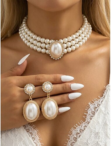  Damesketting en oorbellen met imitatieparels, vintage elegante meerlaagse choker met ovale hanger, klassieke bruidssieraden voor bruiloften, avondfeesten en formele gelegenheden.