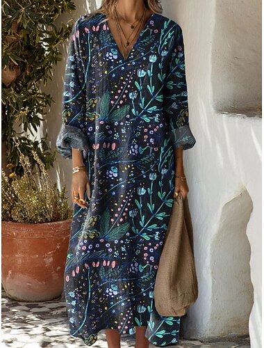  Női Maxiruha Váltó ruha Szabadság Alkalmi Alkalmi Normál Virágos Grafika Hosszú ujj V-alakú Medence Tintakék Narancssárga Nyár Tavasz