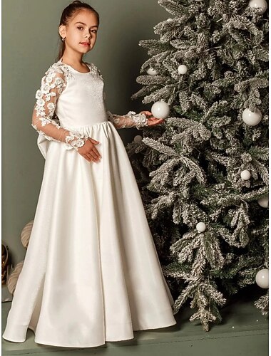  A-linje Gulvlengde Blomsterpikekjole Konfirmasjon Jenter Søt ballkjole Sateng med Sløyfe(r) Elegant Passer 3-16 år