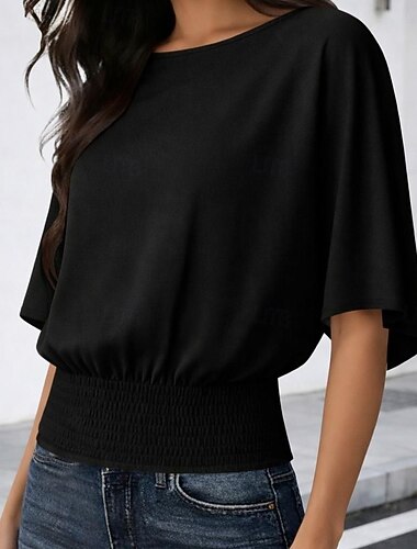  Dame T skjorte T-skjorter Rysjet liv Helfarge Stilfull Fritid Kortermet Flaggermusermer Crew-hals Rund hals Vanlige topper Daglig Ut på byen Svart Hvit Grønn kaffe Grå Sommer Vår