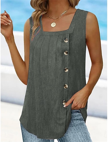  Dames Camisole Tank Top Mouwloos Ronde Hals Asymmetrische Knop Zijde Effen Kleur Casual Zomer Top Reguliere Pasvorm Charcoal Groen