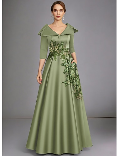  A-linje Gulvlengde Perlebrodert Formell kjole Kjole til brudens mor Kveldskjoler Elegant Glitrende Blomster Halvlange ermer Skjortekrage Bryllup Formell Sateng med Spalte Appliqué