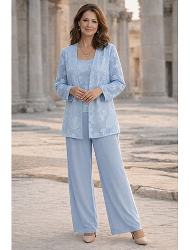  Trois Pièces Tailleur Pantalon Longueur au sol Robe de Mère de Mariée  manche longue Col Bateau Élégant Minimaliste Formel robe demoiselle d honneur Fête Chiffon Echarpe incluse avec Fleur