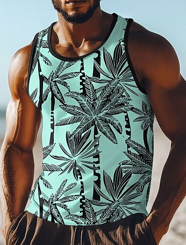  Débardeur homme, col rond, imprimé intégral vert menthe, turquoise et noir à motifs de palmiers, style tropical, idéal pour les vacances à la plage. Disponible du S au XXXL.