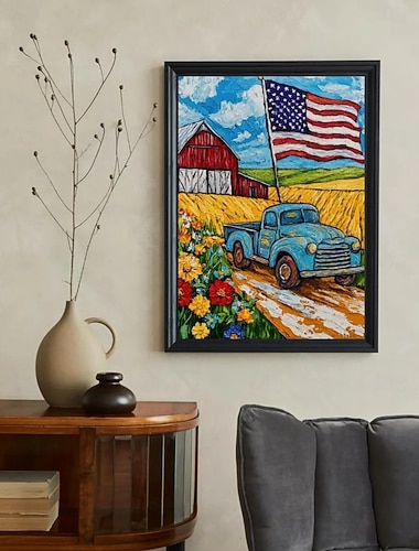  Handgemaltes Ölgemälde auf Leinwand, Wanddekoration, amerikanische Agrarlandschaft mit Sternen und Streifen, gerollt, rahmenlos, ungespannt