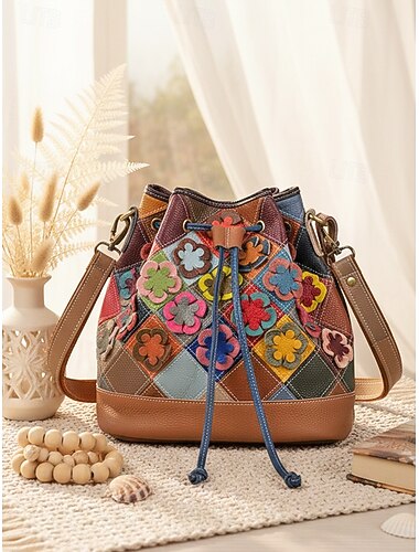  Dames leren bucket bag in bohemian stijl, met een veelkleurig bloemenpatroon, veelzijdig te dragen, verstelbare schouderbanden, perfect voor dagelijks gebruik.