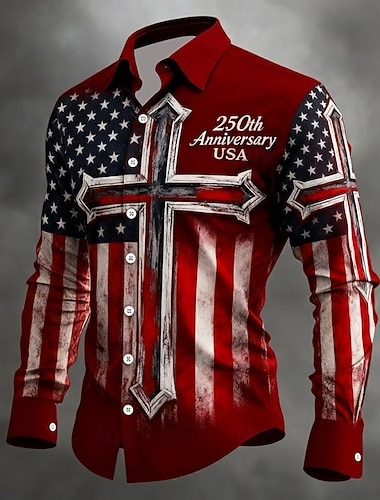  בגדי ריקוד גברים 4 ביולי, יום השנה ה-250 לארה"ב צלב דגל ארה"ב חולצה חולצה עם כפתורים שרוול ארוך פטריוטי חגים יום יומי\קז'ואל אביב סתיו צווארון מתקפל הדפסת תלת מימד חולצה כמו פשתן שחור 1 אדום 1