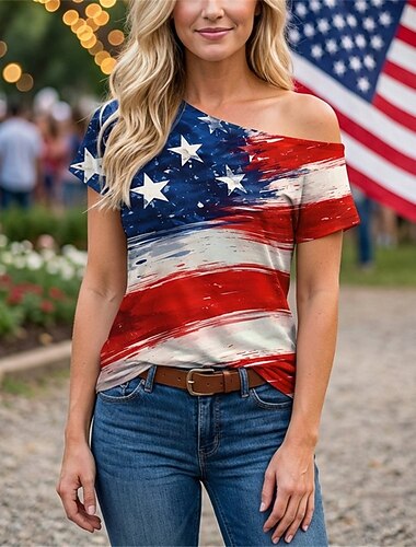  250. rocznica USA Retro / vintage Lata 80 Koszulkowy Na jedno ramię Krótkie rękawy Flaga USA Strój na bal maskowy Damskie 4 lipca Dzień Niepodległości Dla dorosłych podkoszulek