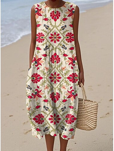  Dam Midiklänning Skiftklänning Solklänning A linjeklänning Semester Ledigt Boho Strand Fest Utekväll Lös passning Blommig Grafisk Ärmlös Rund halsringning Beige Sommar Vår
