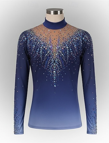 Kunstschaatstopje Voor heren Schaatsen Tops Blauw Lapwerk Rekbaar Opleiding Wedstrijd Kunstschaatskleding Klassiek Kristal / Bergkristal Lange mouw Schaatsen Kunstschaatsen