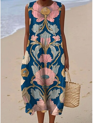  Dame Midikjole Solkjole Skiftkjole Ferie Fritid utendørs Løstsittende Blomstret Grafisk Geometrisk Ermeløs Crewneck Blå Kakifarget Sommer Vår