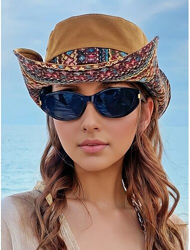  Dames bohemian western cowboy zonnehoed, lichtgewicht polyester pet met brede rand en UV-bescherming, veelkleurige outdoor strandhoed voor lente- en zomerreizen, rodeo's en casual dagelijks gebruik.