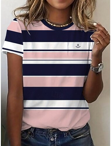  Damen T Shirt Druck Grafik Geometrisch Gestreift Vintage Stilvoll Klassisch Kurzarm Rundhalsausschnitt Normale Oberteile Täglich Blau Weiß / blau Rosa Armeegrün Rote Sommer Frühling