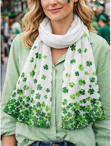  وشاح نسائي من البوليستر بنقشة البرسيم الأخضر، مصنوع من قماش الشيفون المسامي، مثالي ليوم القديس باتريك وللارتداء اليومي غير الرسمي.