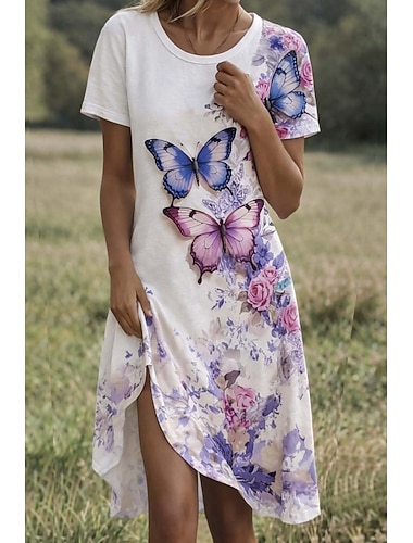  نسائي فستان قصير فستان خفيف فستان تيشيرت فستان شكل حرف A فستان ملائم وواسع العطلة كاجوال الأماكن المفتوحة شاطئ مناسب للحفلات عادي ورد الرسم كم قصير V رقبة بنفسجي فاتح وردي وأبيض أرجواني أبيض