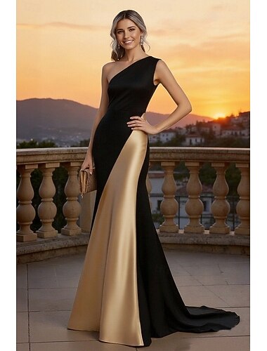  Meerjungfrauenschnitt Bodenlange Schleppe Bodenlang Abendkleid Abendkleid Elegant Promi-Stil Ärmellos Ein-Schulter Hochzeit Formell Stretch Satin mit Farbblock