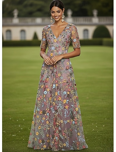  Ligne A Robe Longueur au sol Robe de Soirée Robe de Cocktail Robe de Mère de Mariée  Demi Manches Col en V Élégant ancien Luxueux Formel robe demoiselle d honneur Kentucky Derby Tulle avec Imprim
