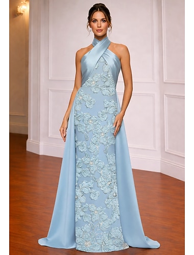  Ligne A Fourreau Colonne Longueur au sol Robe de Soirée Robe de bal avec surjupe Élégant Scintillant Floral Sans manches Col Halter Soirée Mariage Satin Extensible avec Fleur brodée Paillettes