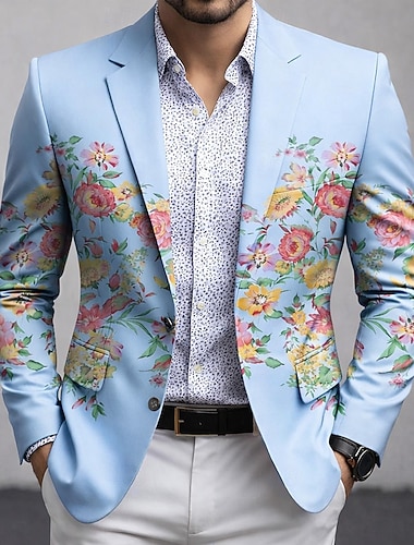  Herre Blomstermønster Blazer jakke Frakk Bekvem Pustende Kunstnerisk Fritid Daglig Formell Festkveldsklær 3D-utskrift Knapper Multi lomme Vår Høst vinter Med hakk Langermet Blå Lilla Brun