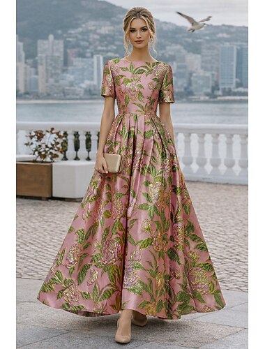  Ligne A Longueur cheville Robe de Cérémonie Robes de Cocktail Élégant Manche Courte Col Bateau Mariage Cocktail Jacquard avec Plis