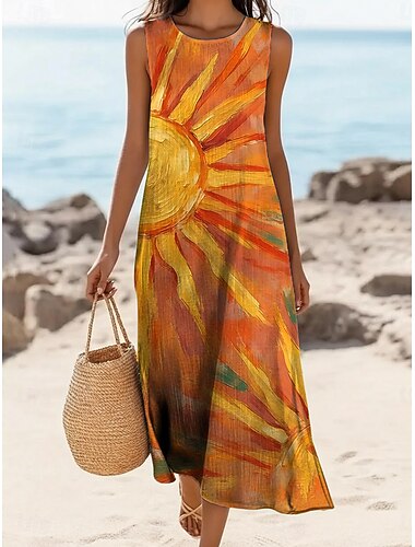  Damen Midikleid Kunstbaumwollleinen Shiftkleid Sommerkleid Freizeitkleid Vintage Täglich Outdoor Urlaub Normale Passform Blumen Ärmellos Rundhalsausschnitt Orange Sommer Frühling