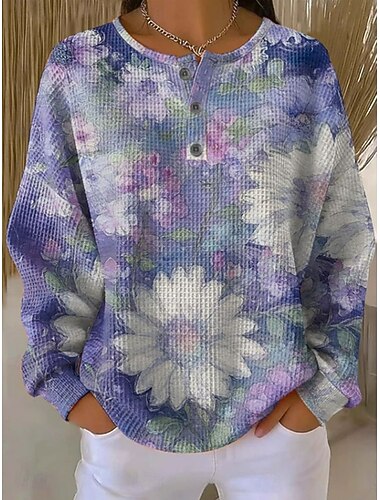  Naisten Pullover-huppari Napit Kukka Kuvitettu Muoti Vapaa-aika Painettu Pitkähihainen Tiukka pyöreä kaula-aukko Tavalliset topit Kausaliteetti Koti Työ Sininen Musta ja punainen Vaalean vihre