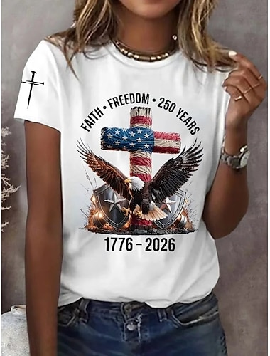  Oberoende dag Amerikansk jubileum patriotisk kvinnors T-shirt tryck grafisk flagga bokstav stilig klassisk avslappnad kortärmad crew neck långa toppar daglig blå svart vit röd sommar vår