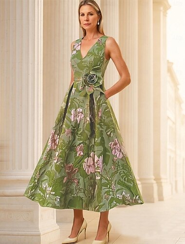  A-Linie Knöchellänge Cocktailkleider Partykleider Elegant Vintage Ärmellos V Ausschnitt Hochzeit Formell Nylon mit Tasche