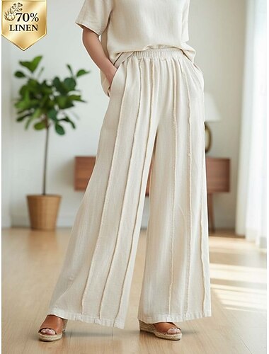  Damen Hose aus Baumwollleinen Weite Hosenbeine Chinos Sommerhose Urlaub Streetwear Lässig Volle Länge Mittlere Taillenlinie Einfarbig Elastischer Bund Bequem Mikroelastisch Täglich Outdoor Straße