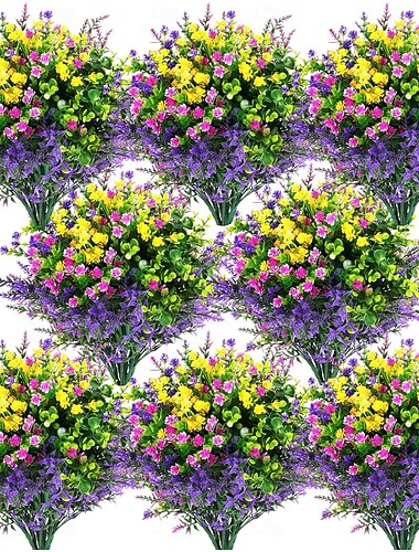  24 nippua tekokukkia ulkokäyttöön, tekokukkia, UV-kestävä muovikukka irtotavarana roikkuvaan ruukkuun kuistille, ikkunaan, kotiin, häihin, syksyyn ja kesäkoristeeseen (fuksia, violetti, keltainen,