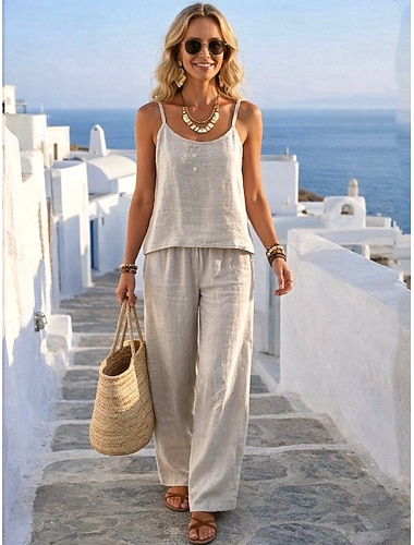  Mujer Conjuntos de pantalones Bolero Lino de algodón sintético Sin Mangas Escote en Pico Color sólido Moda Ropa de calle Casual Diario Exterior Azul Piscina Blanco Gris Claro Verano Ajuste regular