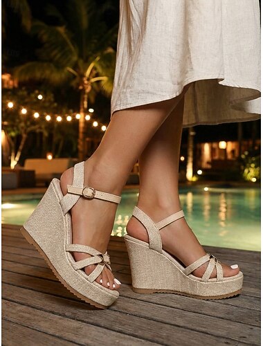  Espadrilles compensées bohèmes chics pour femmes - sandales à plateforme en lin neutre avec bride de cheville ajustable - élégantes chaussures d'invitée de mariage à bout ouvert pour les mariages