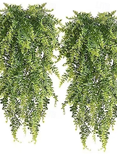  4-pakning kunstige Boston-hengende slyngplanter, falsk bregne eføy, imitert UV-bestandig grønt, imitert vinblad, rotting, for utendørs innendørs dekor, vegghengende kurver, bryllupsfest,
