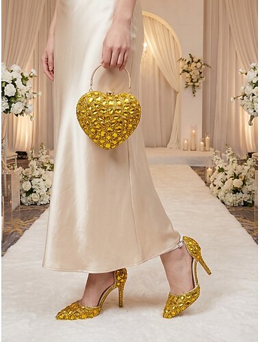  damesschoen met gouden strasssteentjes &Tassenset, elegante pumps met enkelbandje en bijpassende clutch, bruidsstijl voor een stadsbruiloft