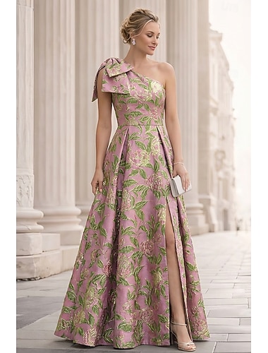  Corte A Hasta el Suelo Vestidos de noche Elegante Sin Mangas Un Hombro Boda Formal Bolsillo Jacquard Espalda desnuda con Lazo(s) Plisado Abertura