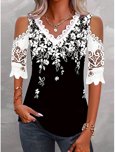  Damen Oberteil mit Spitzenspleiß Bluse Spitze Druck Blumen Stilvoll Lässig Kurzarm V Ausschnitt Normale Oberteile Täglich Blau Schwarz Rote Purpur Sommer Frühling