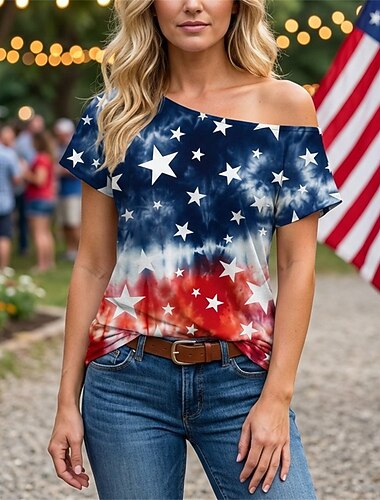  250. rocznica USA Retro / vintage Lata 80 Koszulkowy Na jedno ramię Krótkie rękawy Flaga USA Strój na bal maskowy Damskie 4 lipca Dzień Niepodległości Dla dorosłych podkoszulek