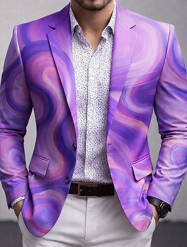  Herre Geometrisk Blazer jakke Frakk Bekvem Pustende Kunstnerisk Fritid Avslappet Daglig Fest 3D-utskrift Knapper Multi lomme Sommer Høst vinter Med hakk Langermet Blå Lilla Grønn