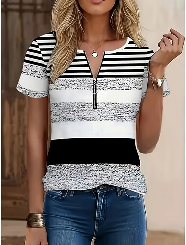  Women's T Shirt Color Block Quarter Zip Graphic Striped Tropical Hawaiian Stylish Short Sleeve Crew Neck Regular Tops Beach Wedding Daily Sports Blue Ash Pink Summer Spring