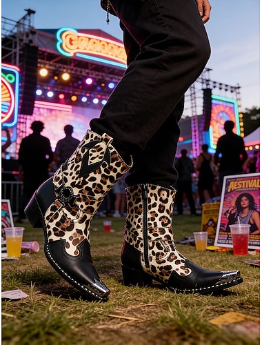  Bottes de festival pour hommes en cuir véritable, imprimé léopard pour festivals de musique