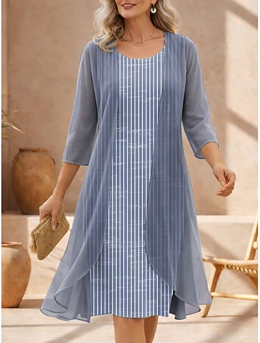  Per donna Insieme del vestito Abito a Tubino Abito Estivo Elegante Grafico Geometrico Stratificato Stampato Abito Midi Manica 3/4 Girocollo Quotidiano Vacanza Blu Viola Verde Estate Primavera
