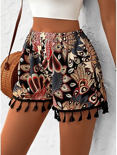  Damen Chinos Shorts Sommershorts Urlaub Mode Streetwear Kurz Hohe Taille Blumen Quastenfransen Elastischer Bund Atmungsaktivität Bequem Atmungsaktiv Unelastisch Dehnbar Täglich Urlaub Straße Schwarz