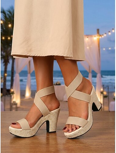  Beige platåsandaler med blokkhæl til dame, komfortable pensko med kryssremmer for bryllupsgjester i strandbryllup