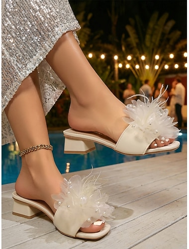  レディース ホワイト フローラル ブロックヒール サンダル - エレガントなパール &リゾートの夜やブライダルパーティーにぴったりのメッシュフラワースライド &海外ウェディング