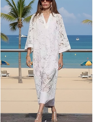  Damen Maxikleid Weißes Spitzenkleid Shiftkleid Lässig Täglich Strand Lässiger Schnitt Einfach Dreiviertelarm V Ausschnitt Weiß Sommer Frühling Herbst