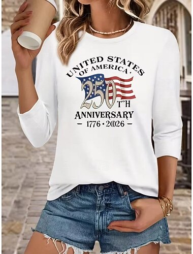  Onafhankelijkheidsdag Amerikaans Verjaardag Patriottische Dames T-shirt Print Grafisch Vlag Amerikaanse Vlag Stijlvol Klassiek Casual Lange Mouwen Kraag Regulieren Tops Dagelijks Wit Rood Zomer Lente