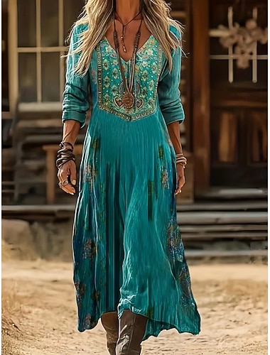  Damen Midikleid Boho-Kleid Vintage-Kleid Freizeitkleid Mode Klassisch Modern Täglich Outdoor Urlaub Normale Passform Blumen Langarm V Ausschnitt Blau Rote Marineblau Orange Frühling Herbst